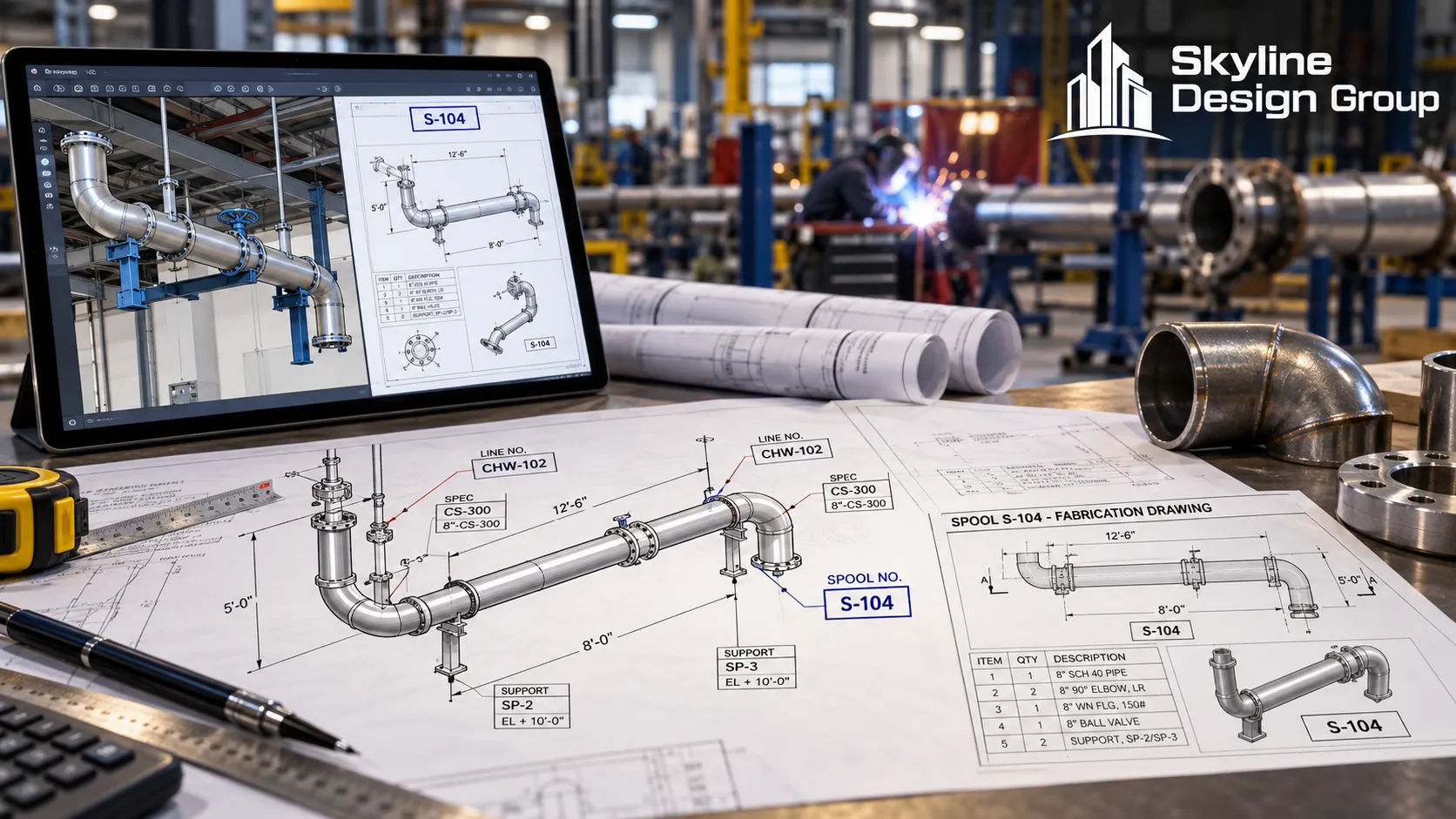 MEP isometric drawing with line numbers, specs and spool number callouts