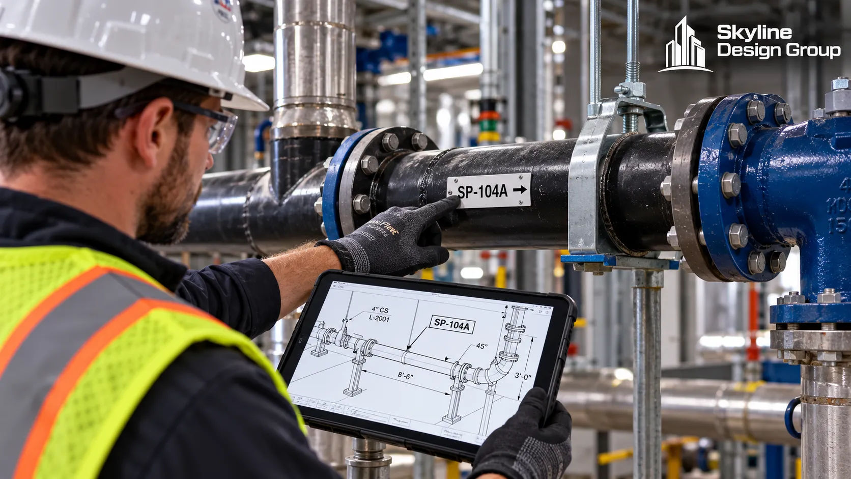 Field crew cross-checking a spool number against an isometric drawing