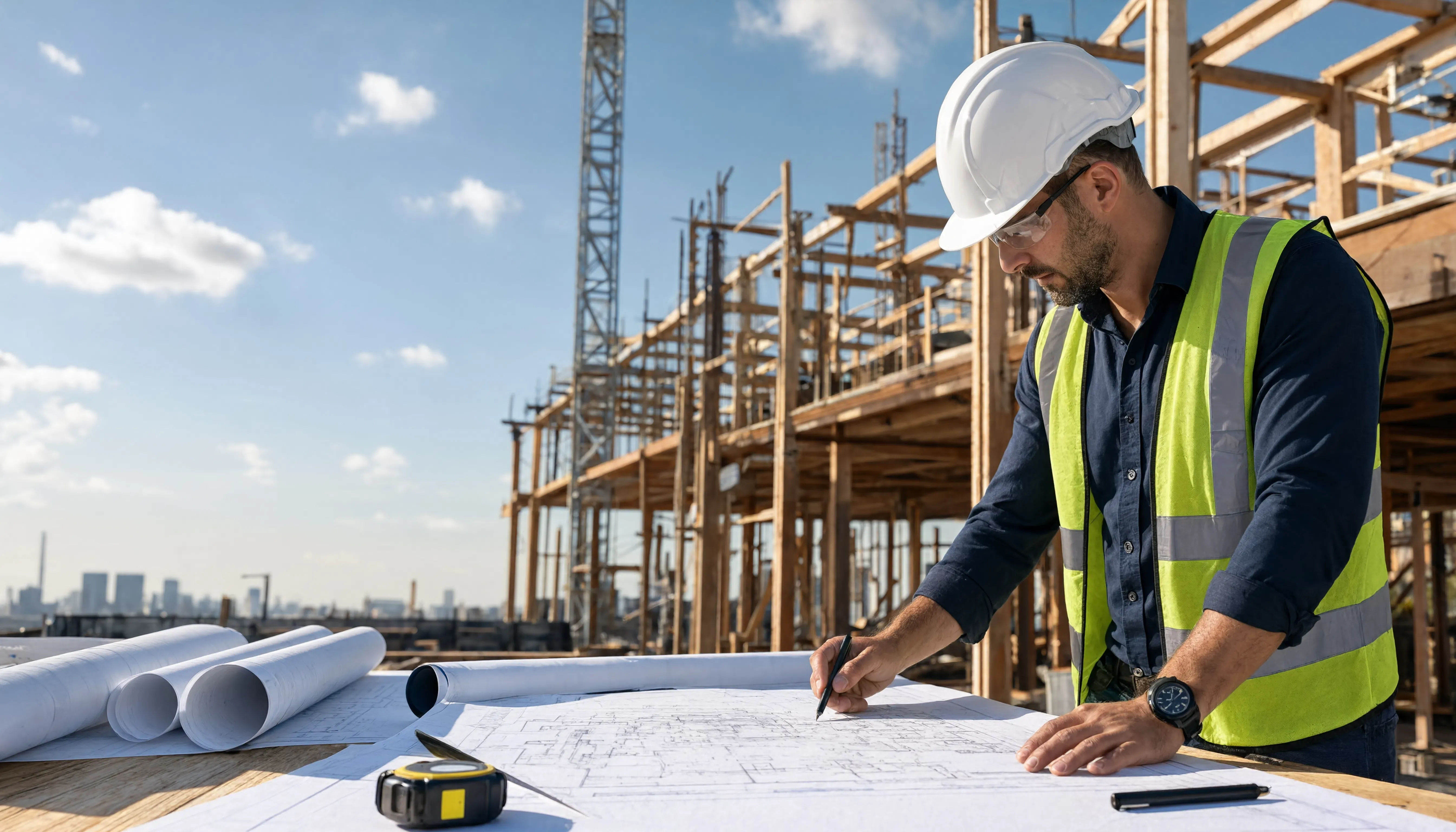 Construction engineer reviewing blueprints at a building site with framing, crane and safety gear.