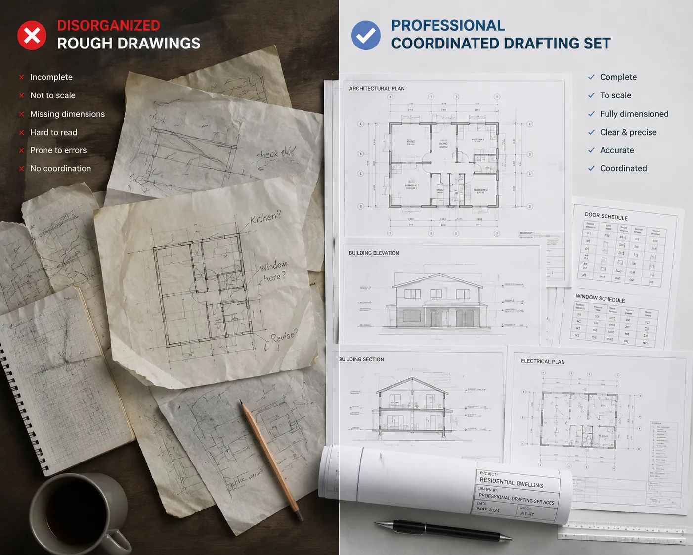 Comparison of amateur drawing set vs professional architectural drafting services output