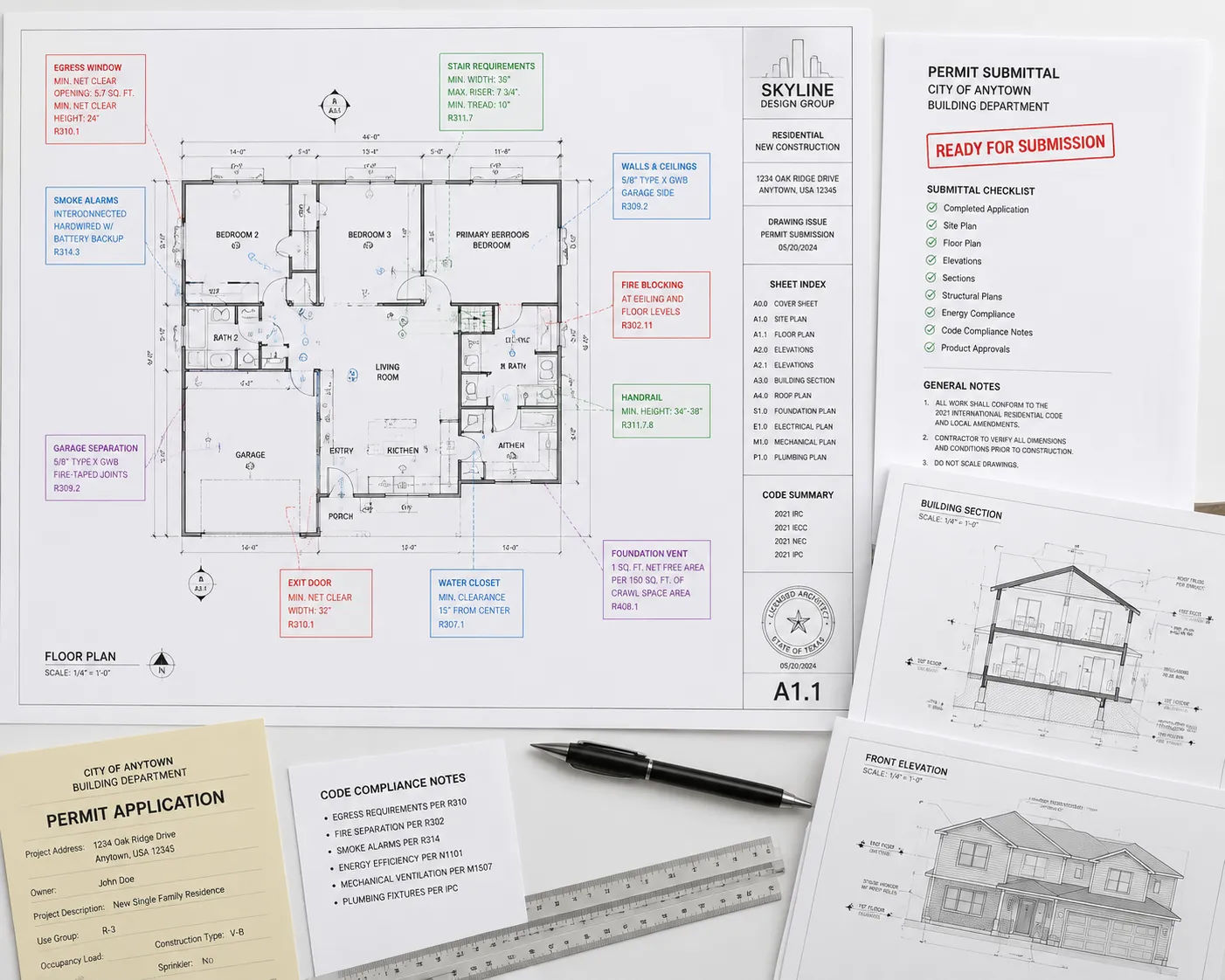 Architectural drafting services permit package with building code annotations ready for submission