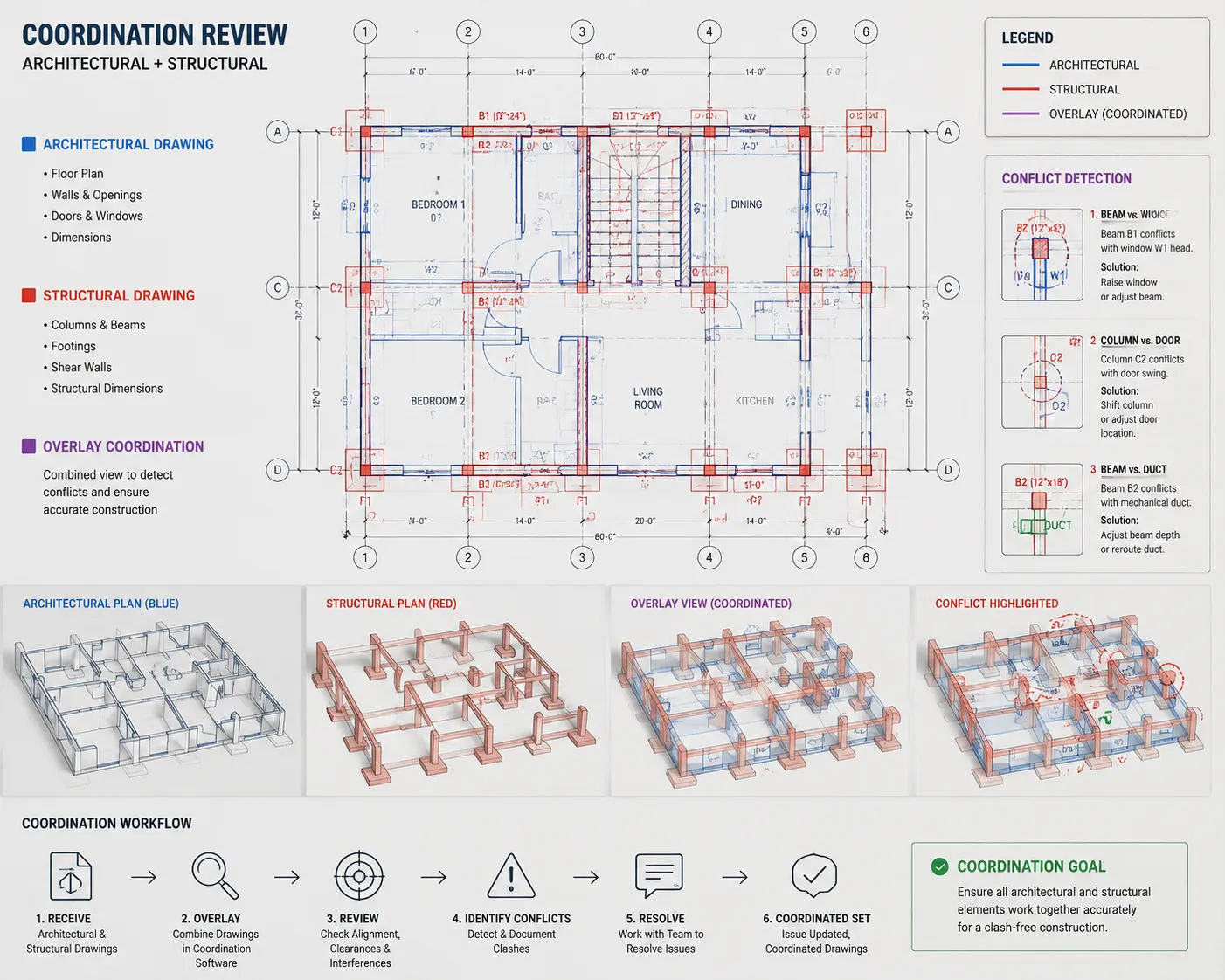 Coordinated architectural and structural drawings showing conflict detection in drafting services workflow