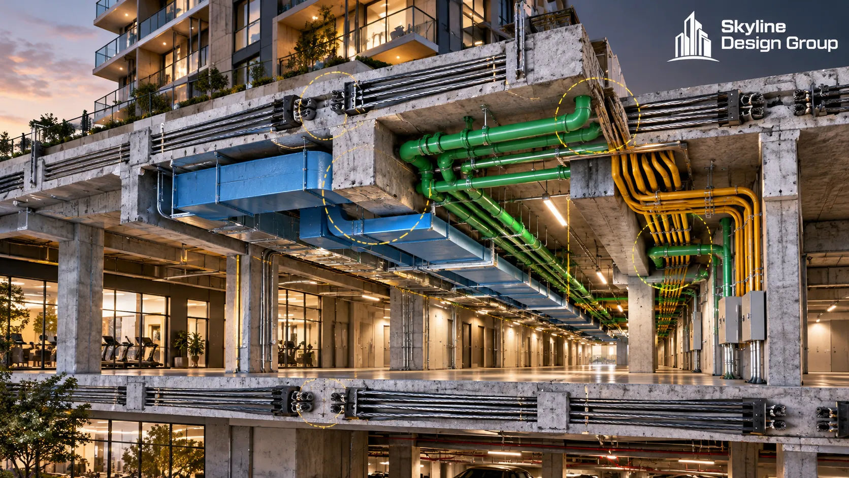 Section through a podium level showing MEP systems coordinated around structural framing