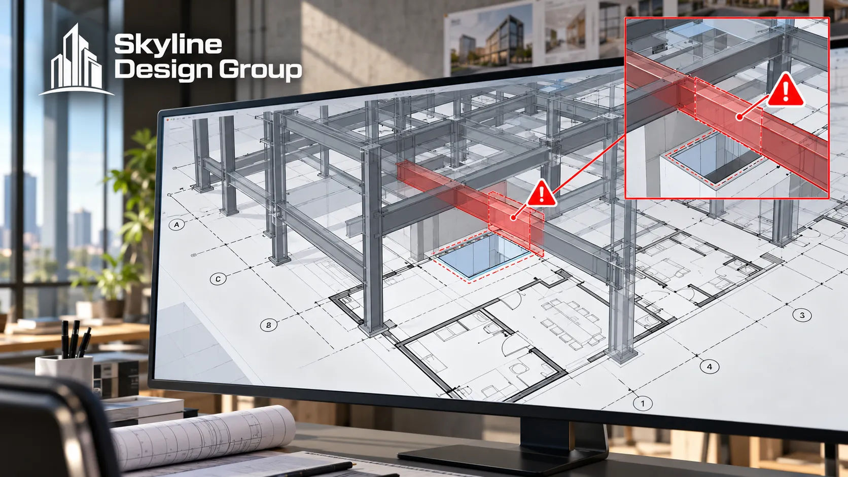 Early structural 3D model overlaid on an in-progress architectural plan showing a flagged conflict
