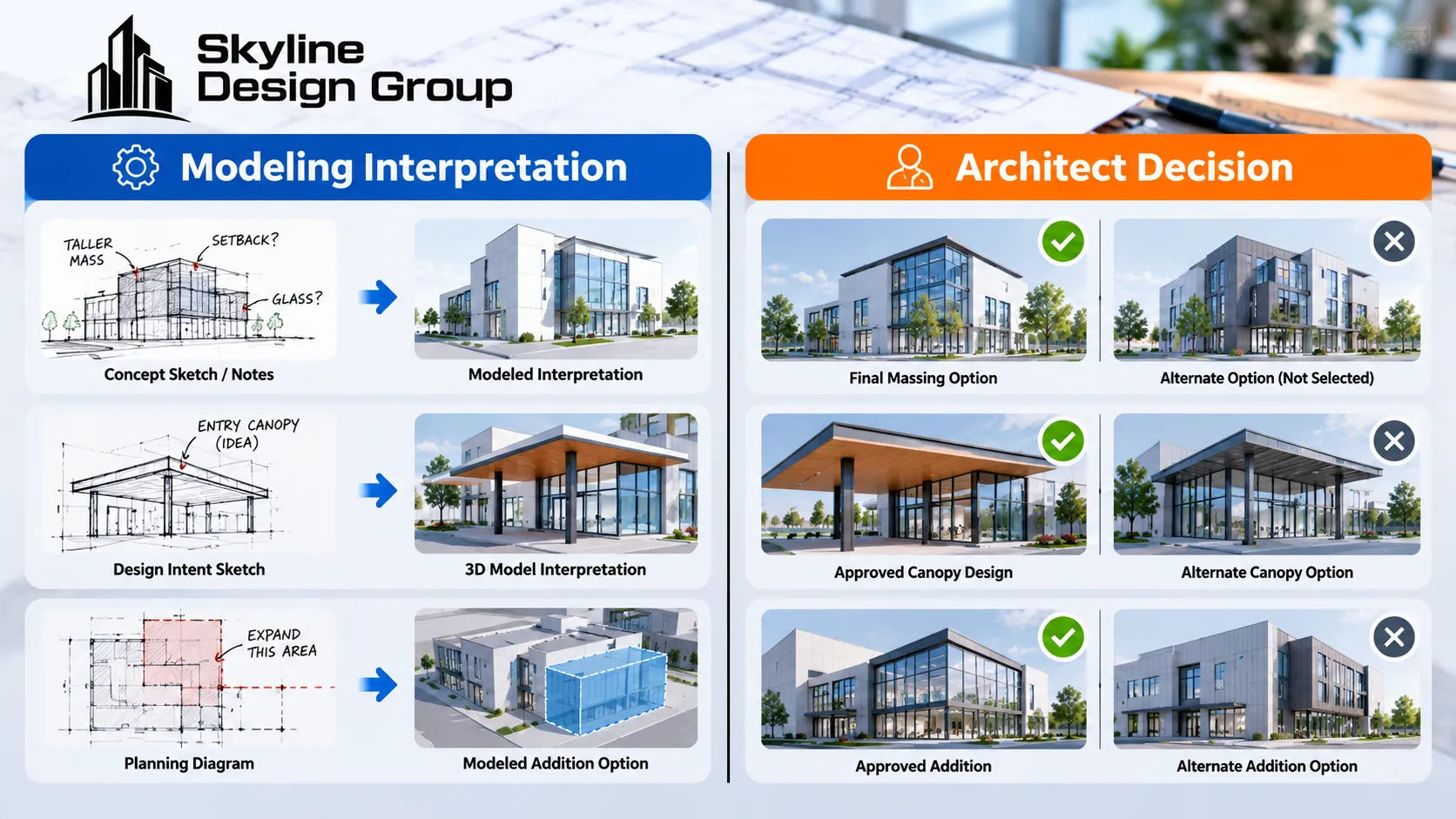 Diagram separating modeling-interpretation examples from architect-decision examples