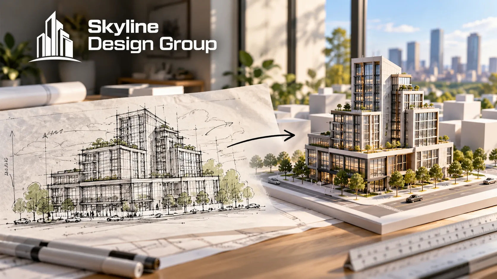 Concept sketch elevation shown beside the resulting early 3D massing model
