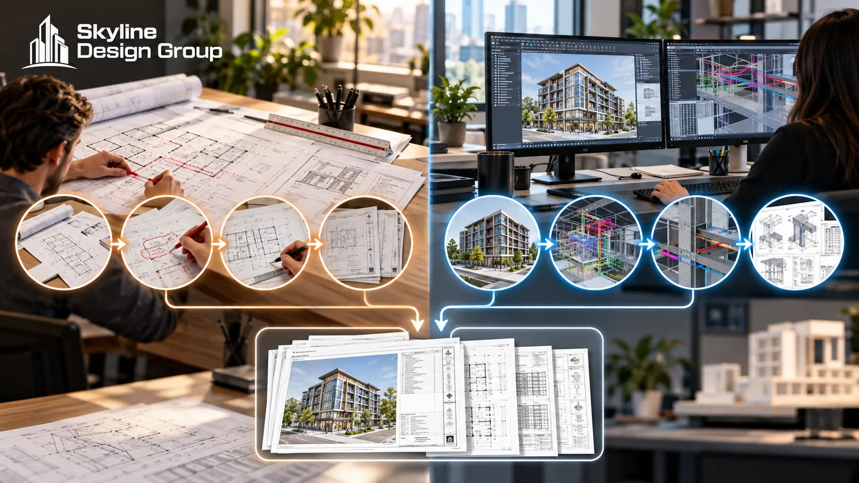 Two parallel project workflows, 2D-first and 3D-first, converging at construction documents