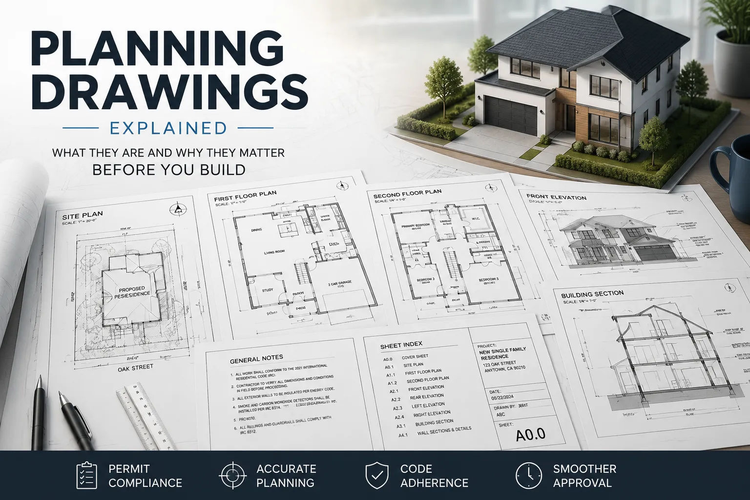 Planning drawings with floor plans, elevations, sections and a 3D house model for home design.