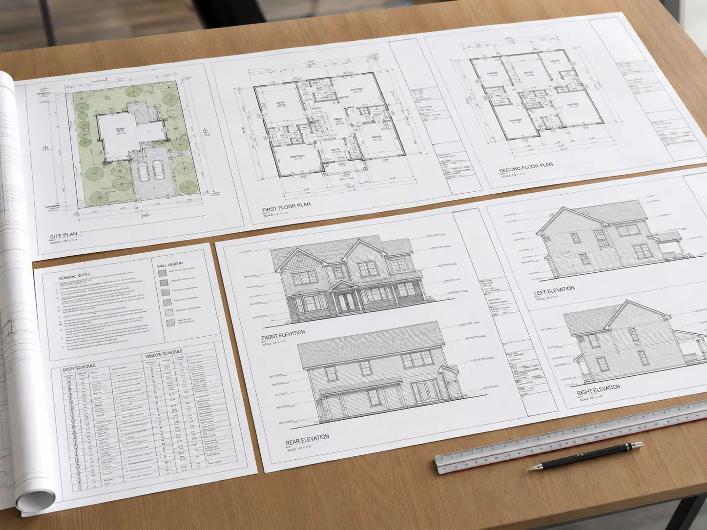Complete planning drawings package including site plan, floor plans and elevations for building permit