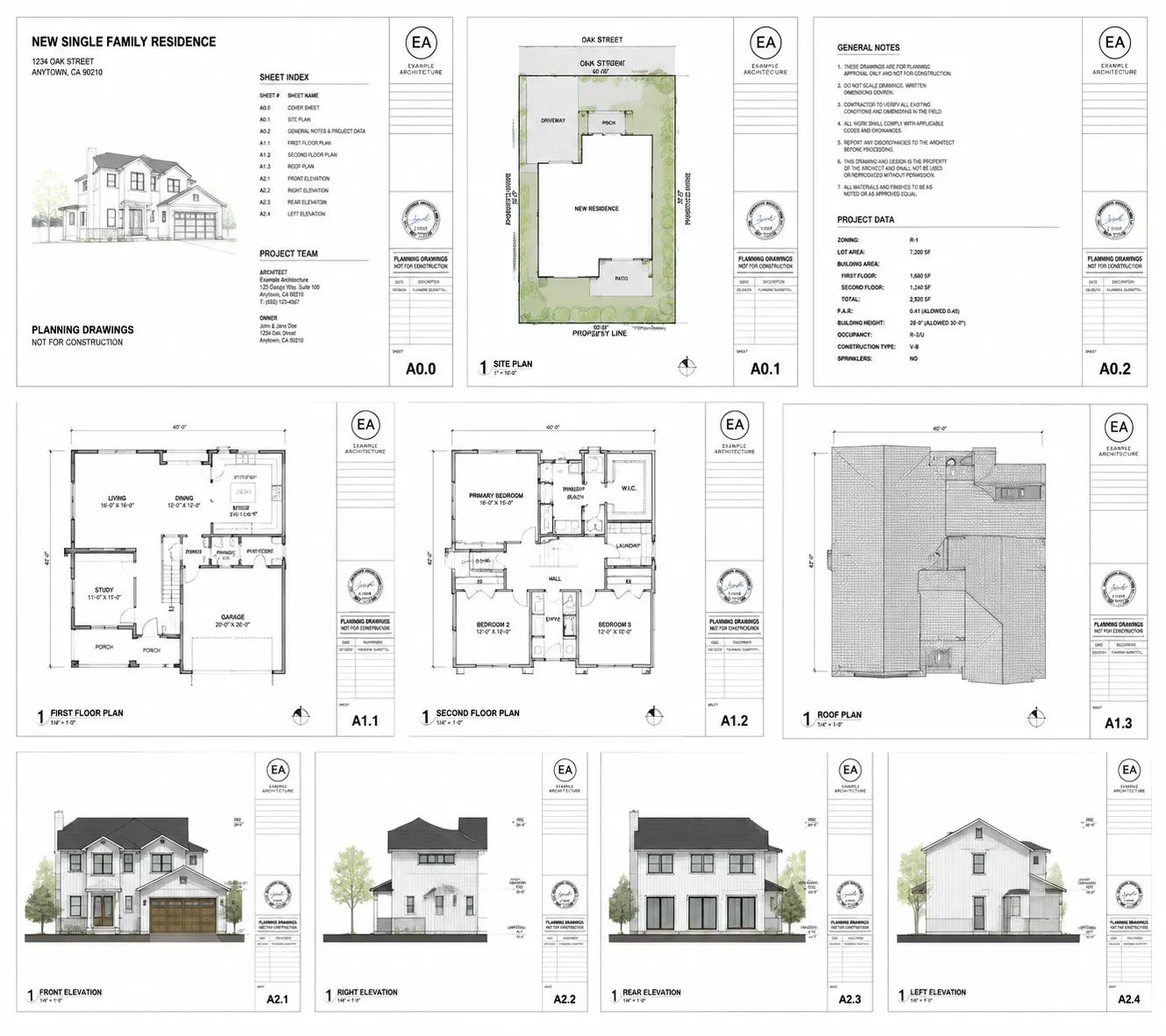 Organized planning drawing package with site plan, floor plans and elevations for permit submission
