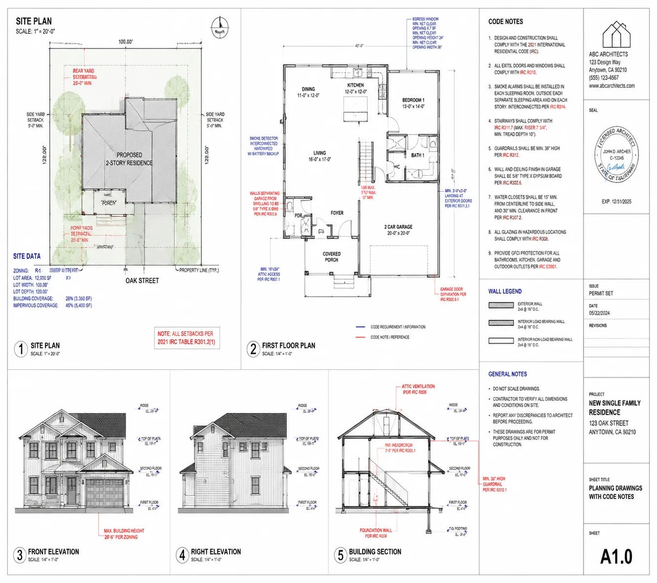 Planning drawings with required building code notes and annotations for permit compliance