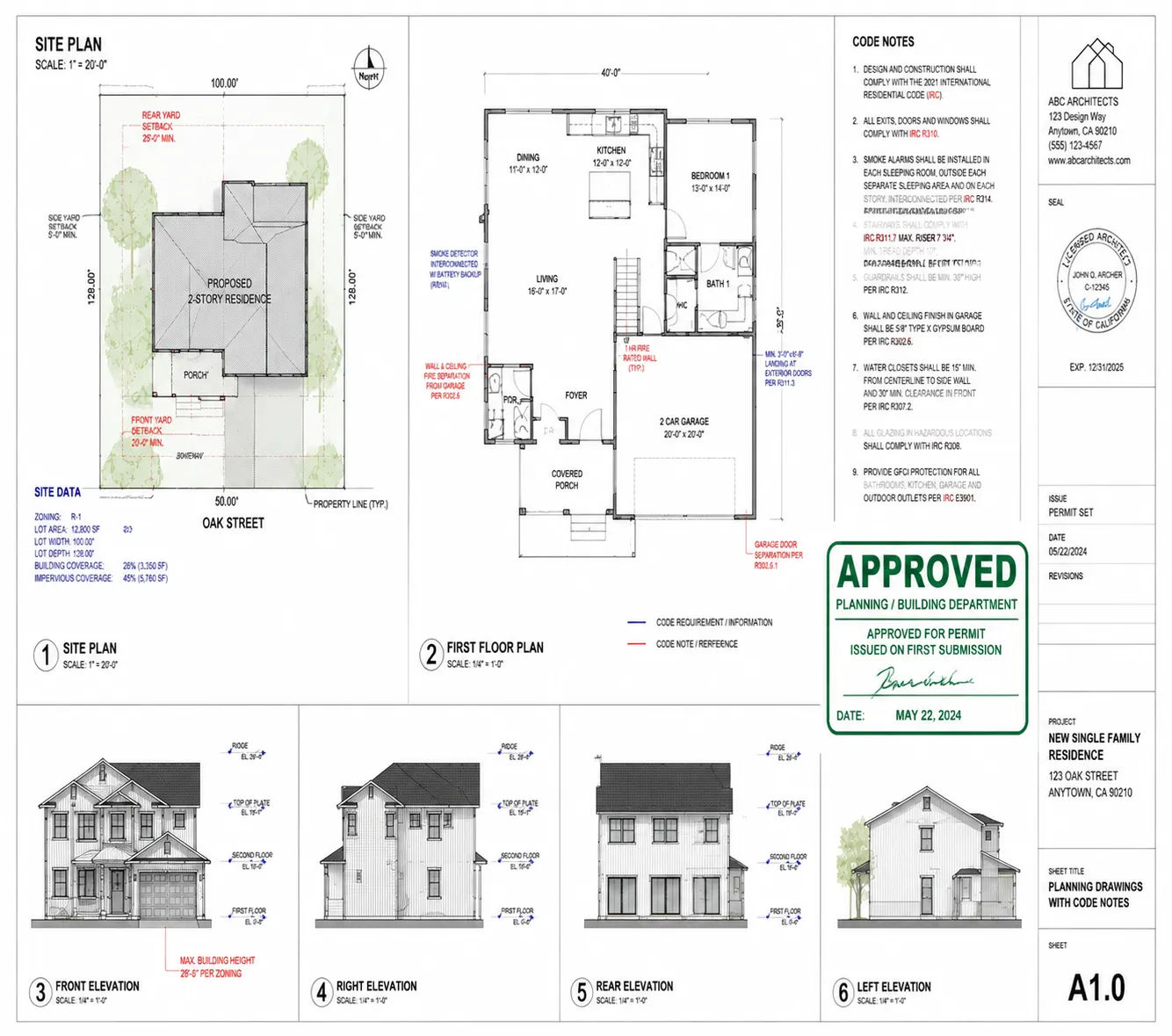 Approved planning drawings with permit stamp showing successful first-submission approval