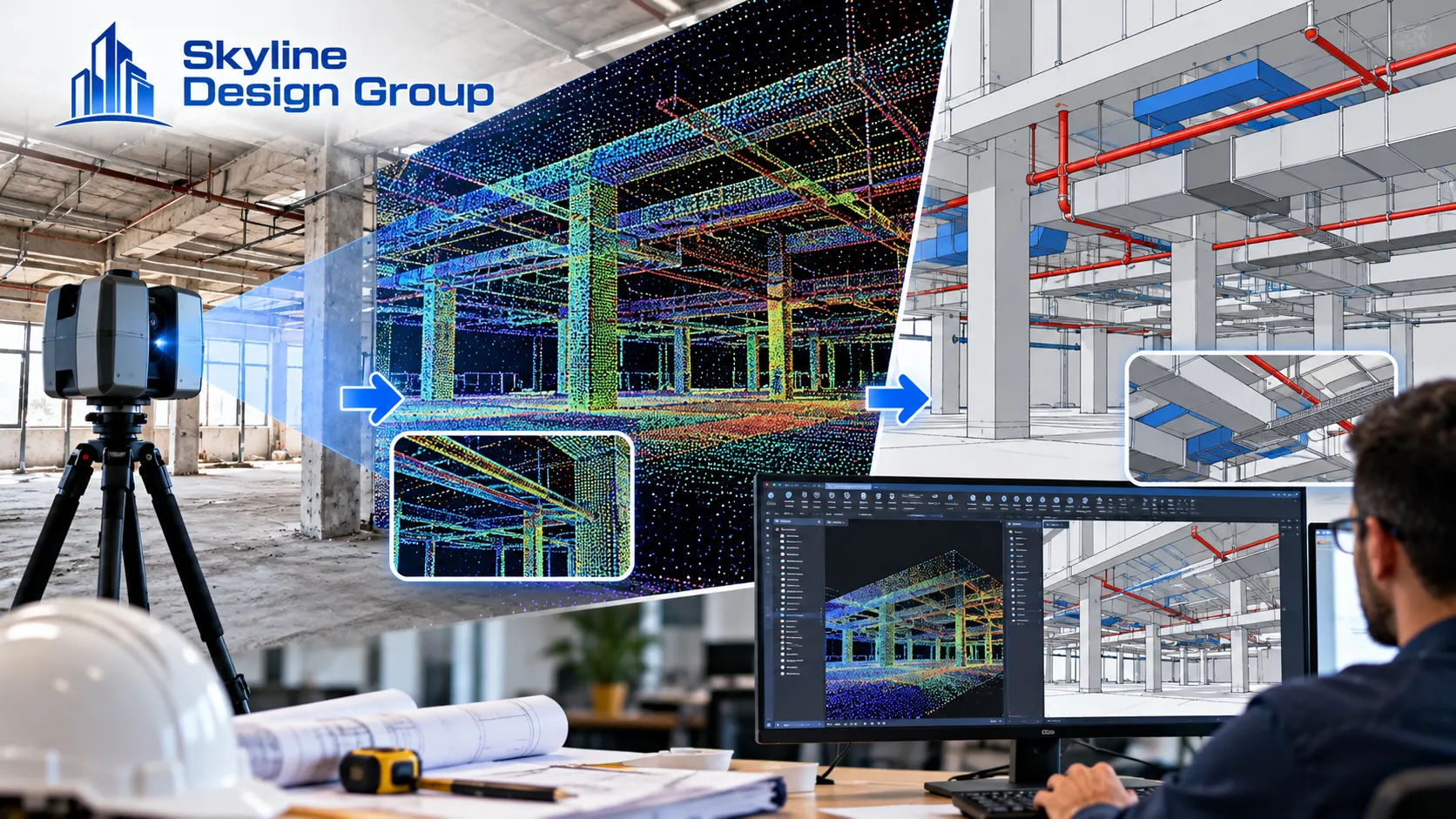 Laser scanned point cloud data converted into accurate CAD drawings for architectural and engineering projects.