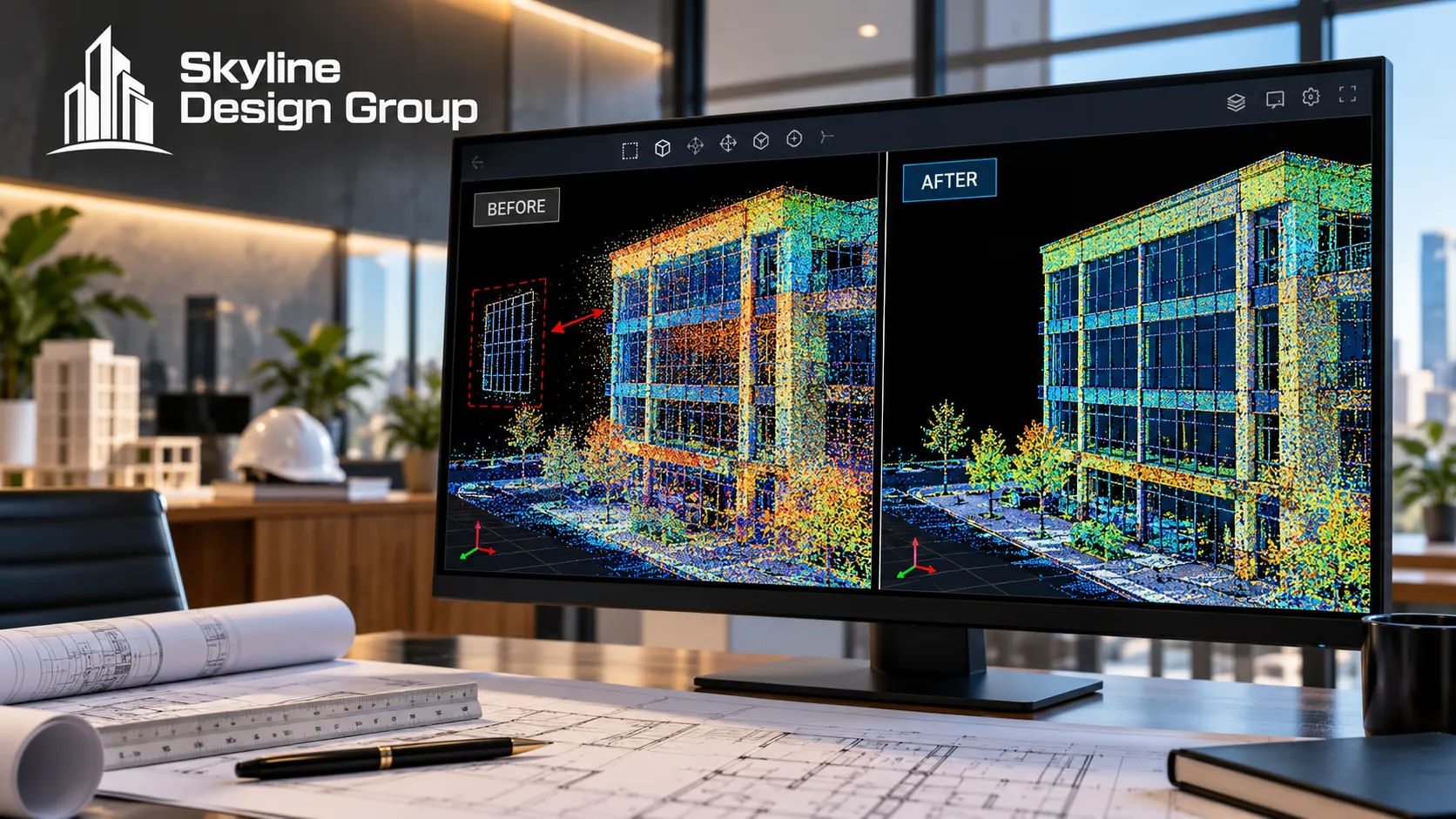 Raw point cloud with a reflection artifact outside the building envelope versus the same area after cleanup