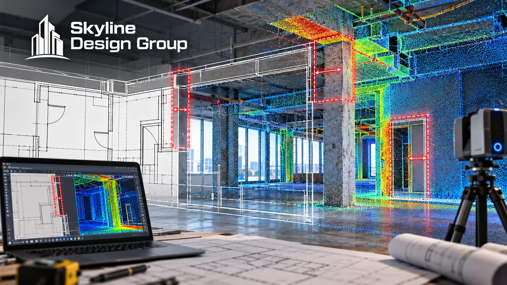 Design drawing based on outdated records overlaid against a laser scan showing conditions that diverge