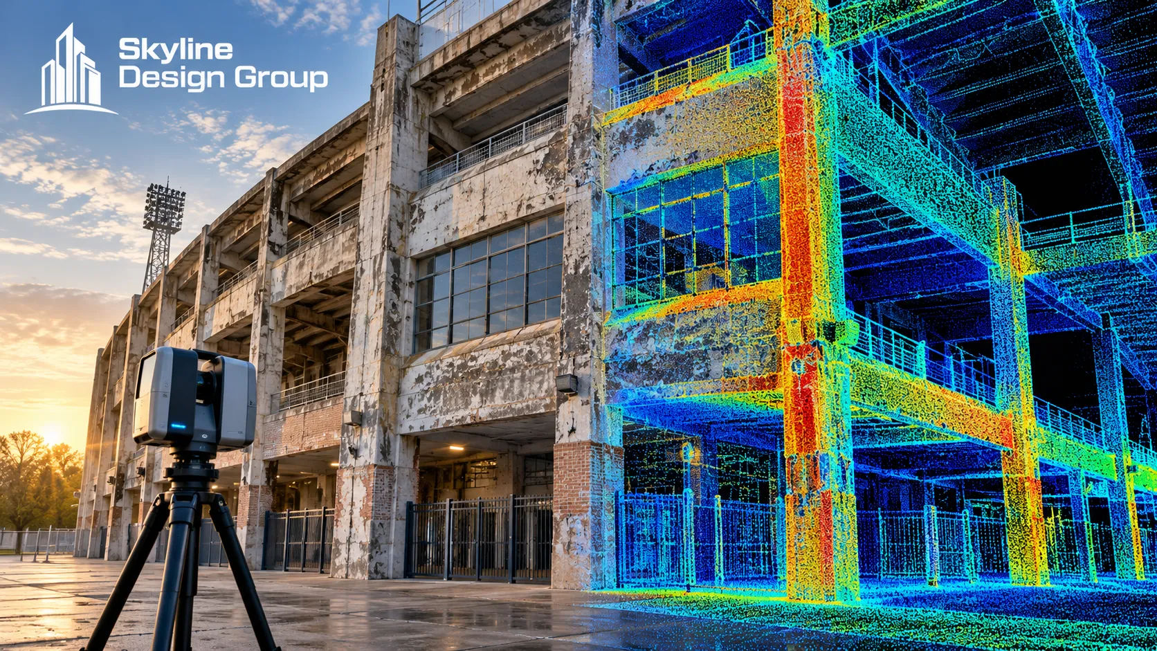Aging building facade next to a laser scan point cloud of its current condition
