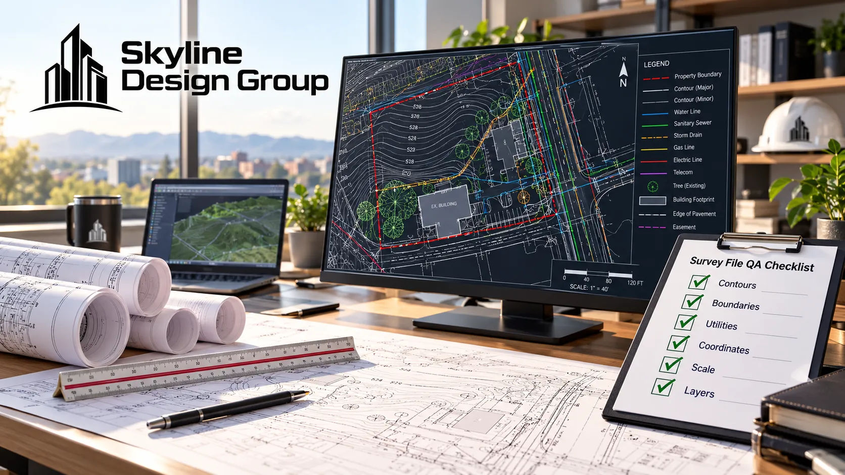 Survey file next to a six-item checklist being verified before design work begins