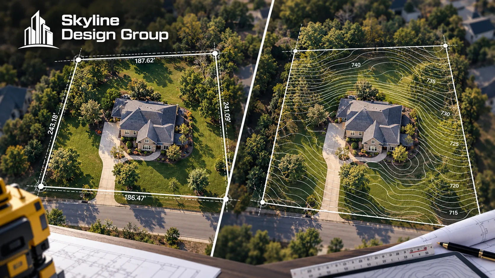 Property shown with a boundary survey overlay on one side and a topographic survey overlay on the other
