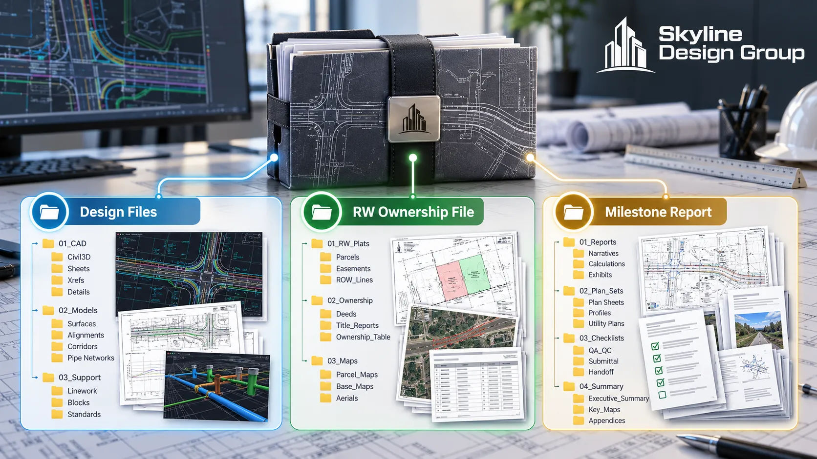 Complete handoff package of design files, right-of-way data, and milestone reports for utility plan production