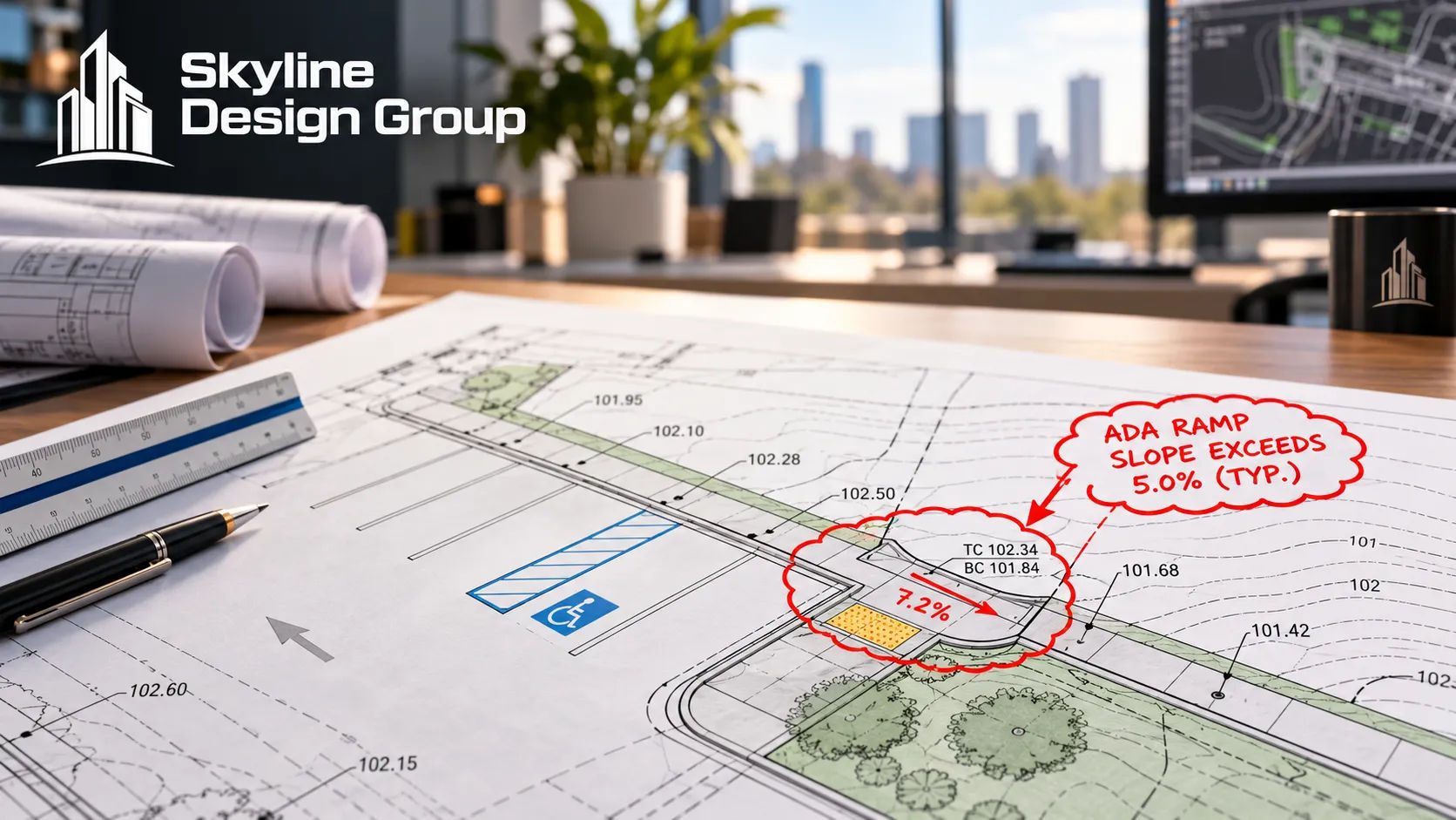 Grading plan review comment flagging an ADA ramp turning space slope exceedance