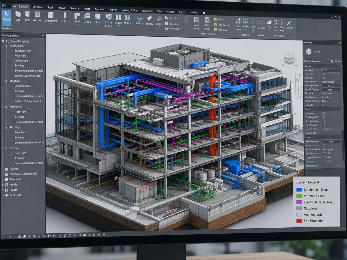 BIM modeling in Autodesk Revit showing multi-discipline coordination for construction project