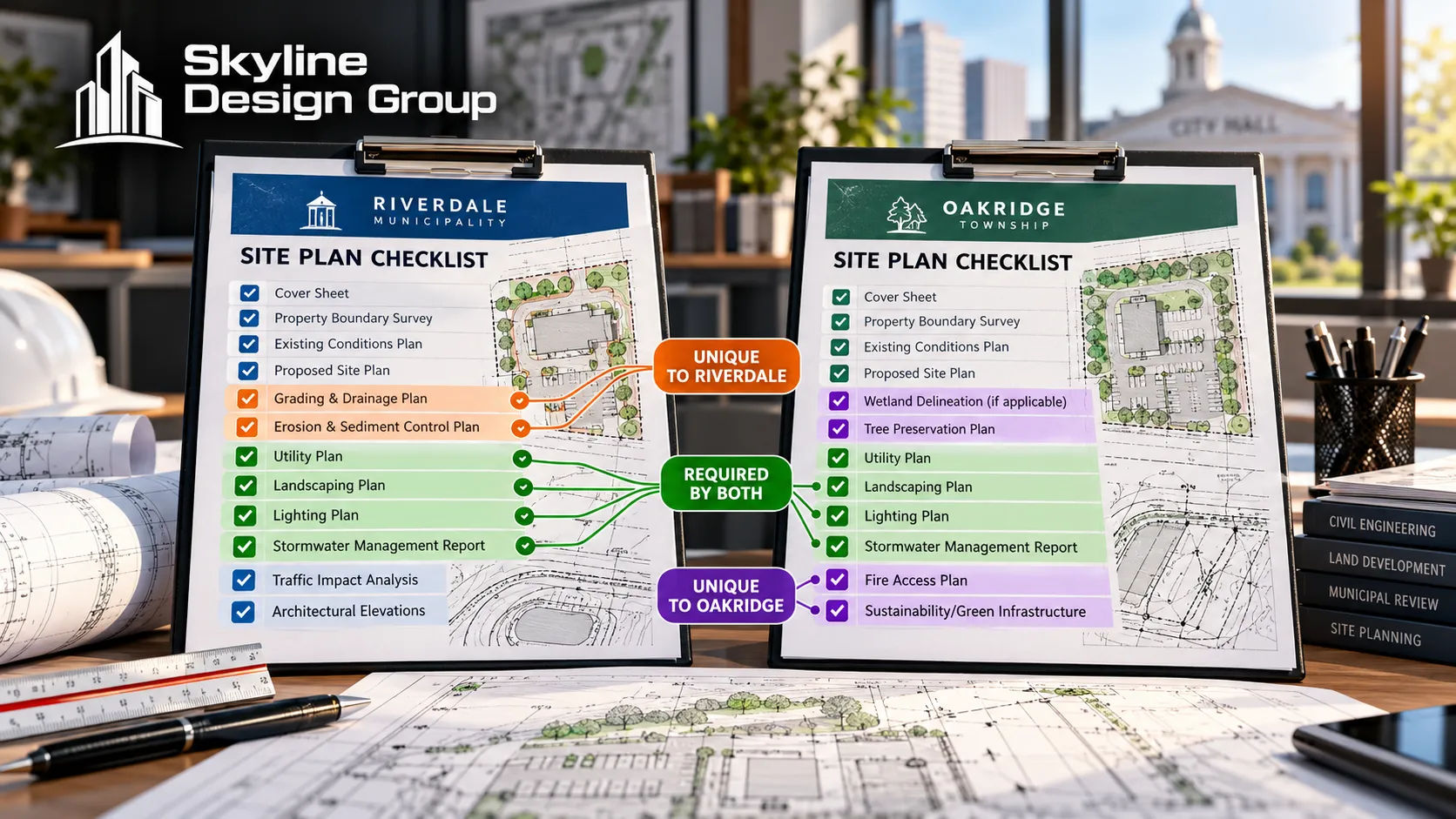 Two municipal checklists compared side by side with overlapping and non-overlapping items highlighted