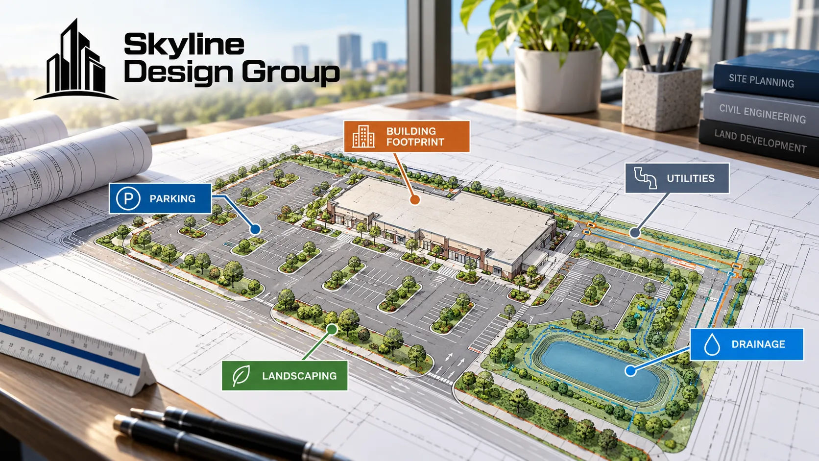 Commercial site plan with labeled callouts for building footprint, parking, utilities, drainage and landscaping