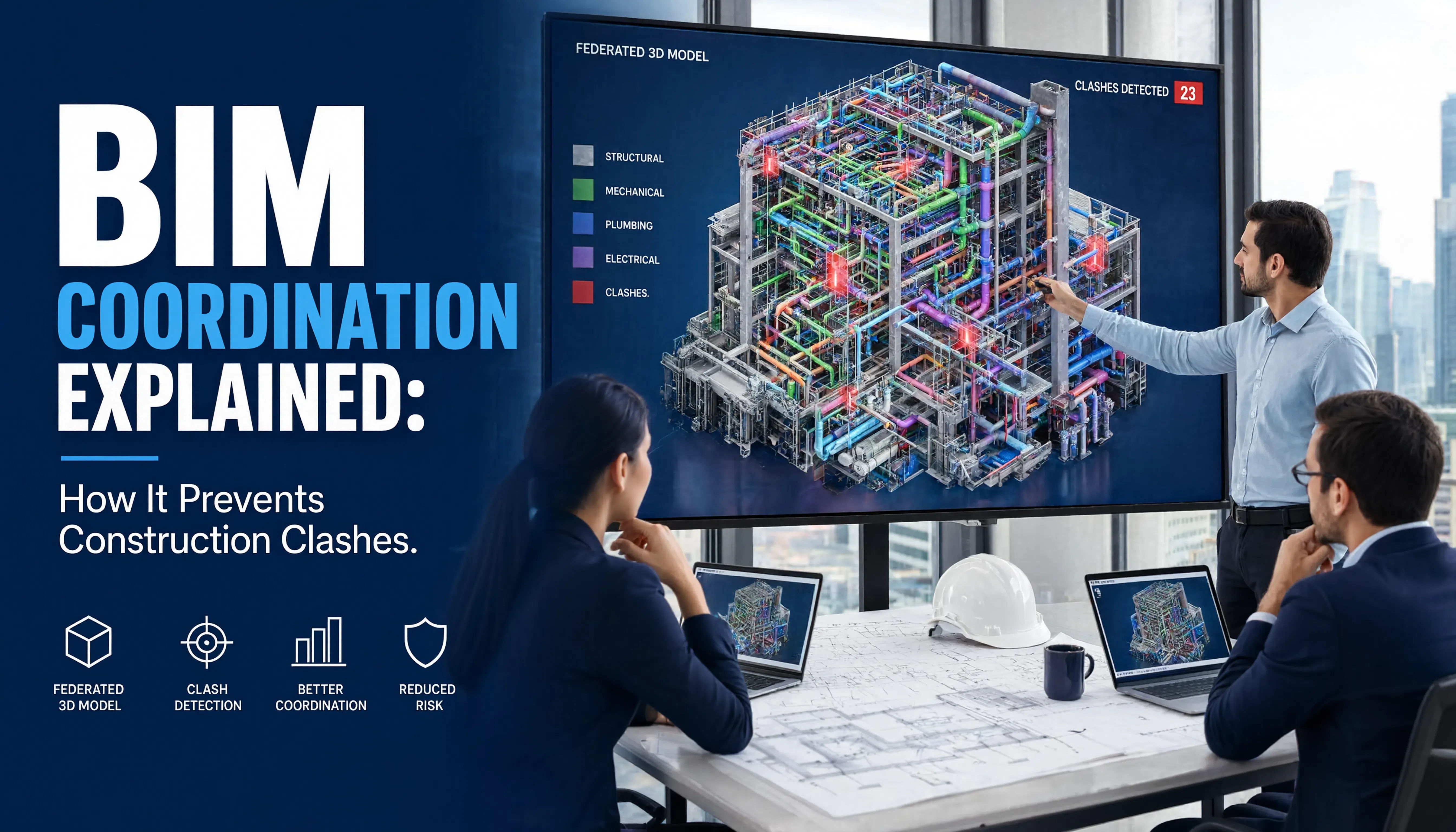 BIM coordination meeting reviewing 3D building model with clash detection and MEP systems.