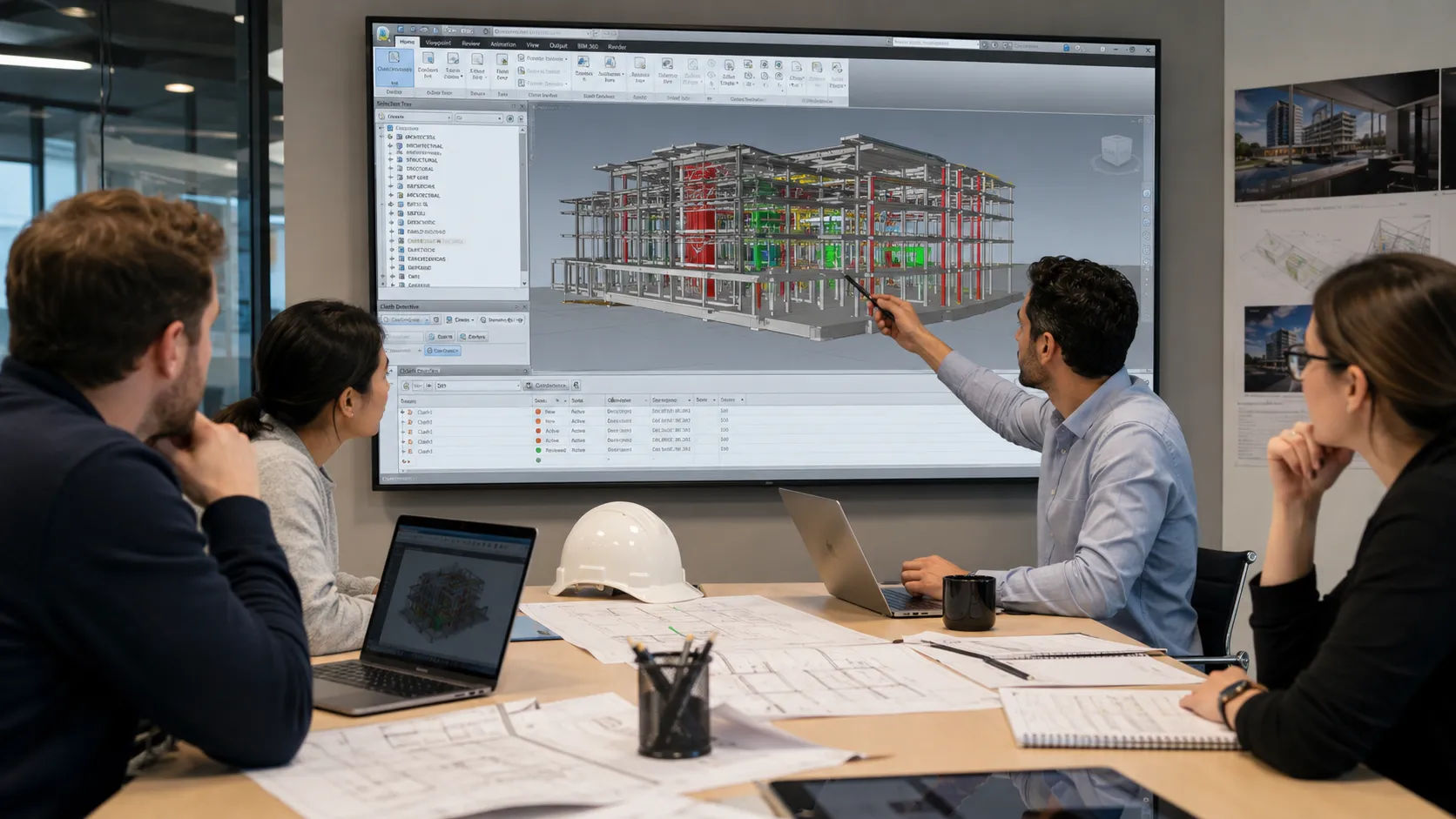 BIM coordination team reviewing federated architectural and structural model in Autodesk Navisworks