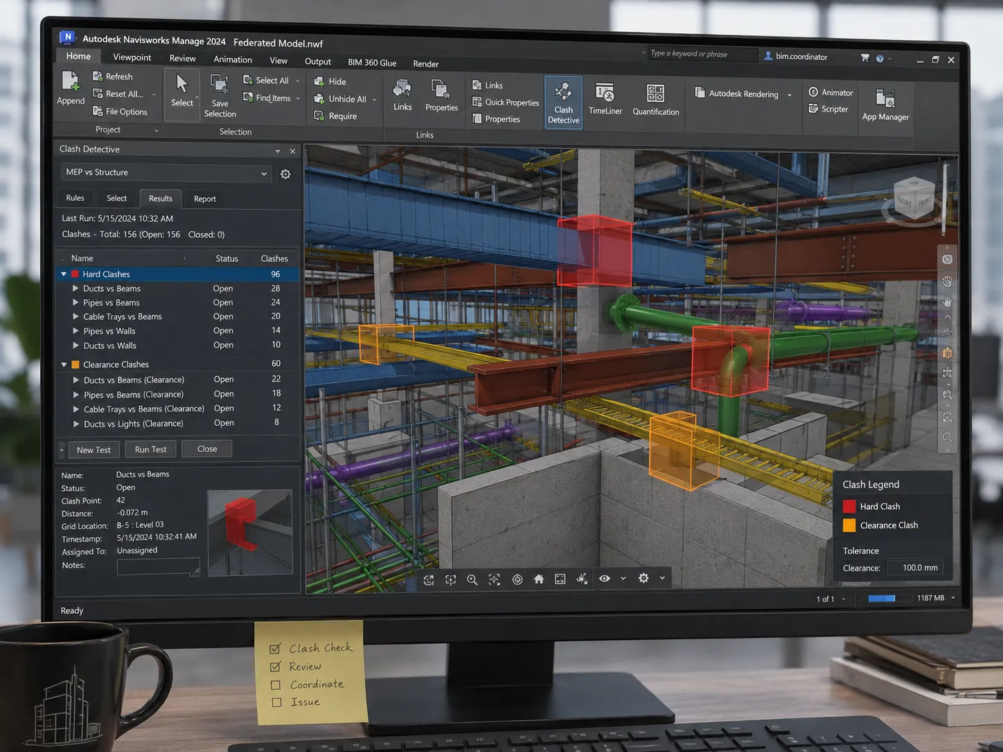 BIM coordination clash detection report with hard clashes and soft clashes flagged in Navisworks