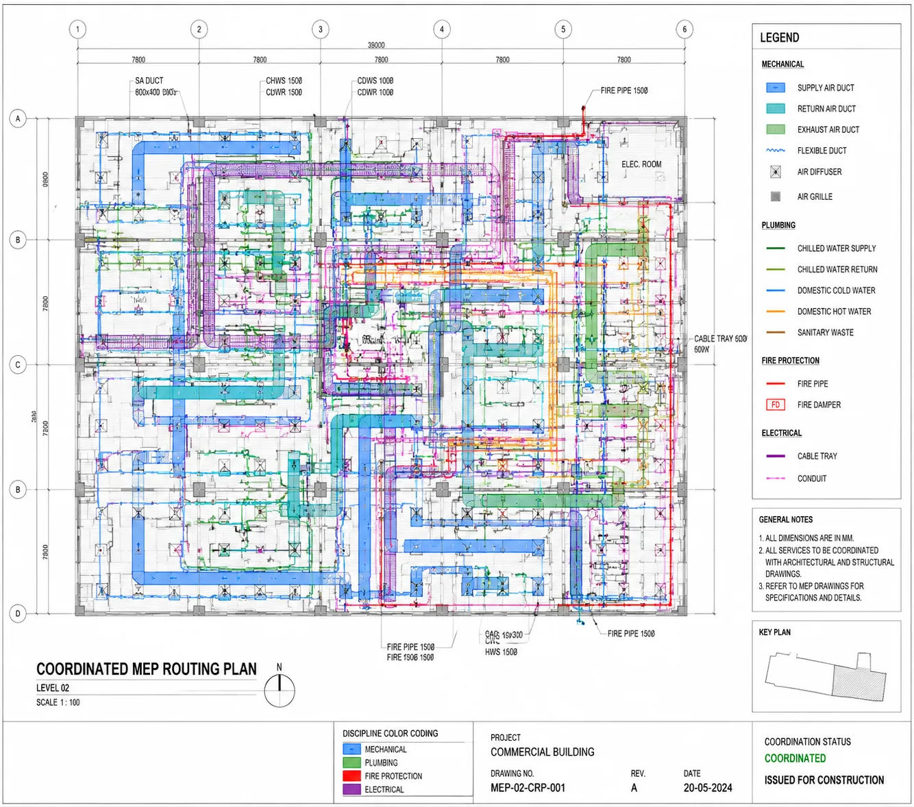 BIM coordination output showing coordinated mechanical, electrical and plumbing routing plan