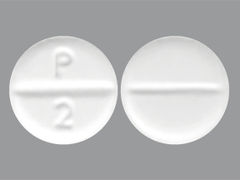 This is a white round Tablet imprinted with P  2 on the front, nothing on the back, and is manufactured by ACCORD HEALTHCA.