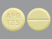 Tetrabenazine: Esto es un Tableta imprimido con APO  T25 en la parte delantera, nada en la parte posterior, y es fabricado por None.