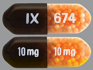 This is a Capsule Er imprinted with IX 10 mg on the front, 674 10 mg on the back.