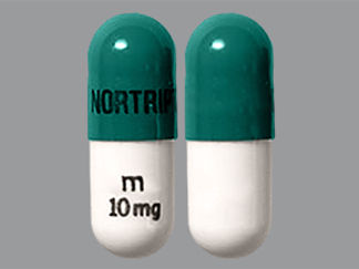 This is a Capsule imprinted with NORTRIPTYLINE on the front, m  10 mg on the back.