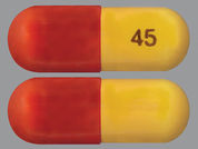 Trilipix: This is a Capsule Dr imprinted with 45 on the front, nothing on the back.