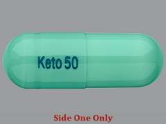 Esto es un Cápsula verde claro oblongo imprimido con Keto 50 en la parte delantera, nada en la parte posterior, y es fabricado por ONCORA PHARMA L.
