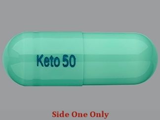 Esto es un Cápsula imprimido con Keto 50 en la parte delantera, nada en la parte posterior, y es fabricado por None.