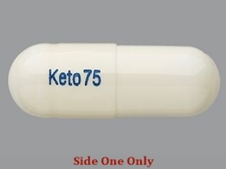 This is a Capsule imprinted with Keto 75 on the front, nothing on the back.