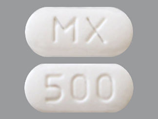 Esto es un Tableta LP 24 Hr imprimido con MX en la parte delantera, 500 en la parte posterior, y es fabricado por None.