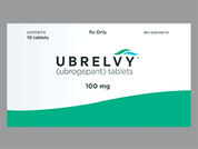 Ubrelvy: Esto es un Tableta imprimido con U100 en la parte delantera, nada en la parte posterior, y es fabricado por None.