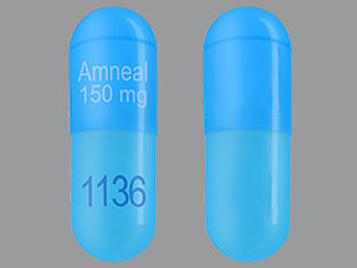 This is a Capsule imprinted with Amneal  150 mg on the front, 1136 on the back.