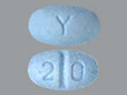 Alprazolam: This is a blue oval Tablet imprinted with 2 0 on the front, Y on the back, and is manufactured by AUROBINDO PHARM.