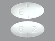 Gemfibrozil: This is a Tablet imprinted with E on the front, 8 2 on the back.