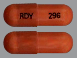 This is a Capsule imprinted with RDY on the front, 296 on the back.