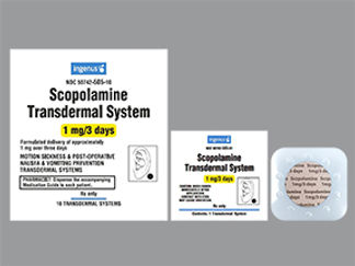 Esto es un Parche Transdérmico 3 Días imprimido con Scopolamine  1mg/3 days en la parte delantera, nada en la parte posterior, y es fabricado por None.