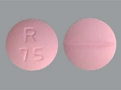 Esto es un Tableta rosado redondo imprimido con R  75 en la parte delantera, nada en la parte posterior, y es fabricado por ADVAGEN PHARMA.