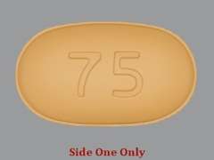 This is a dark yellow oblong Tablet imprinted with 75 on the front, nothing on the back, and is manufactured by AXSOME THERAPEU.