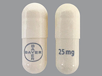 This is a Capsule imprinted with BAYER BAYER on the front, 25 mg on the back.