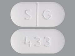 This is a white oblong Tablet imprinted with 433 on the front, S G on the back, and is manufactured by SCIEGEN PHARMAC.